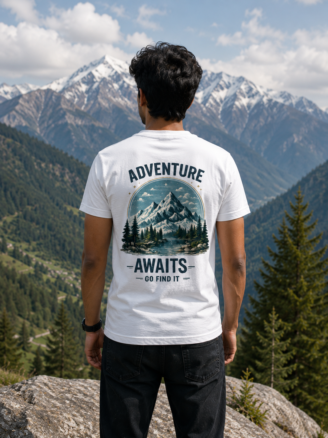 White Adventure Awaits regular fit T-shirt with large mountain landscape graphic print on the back.