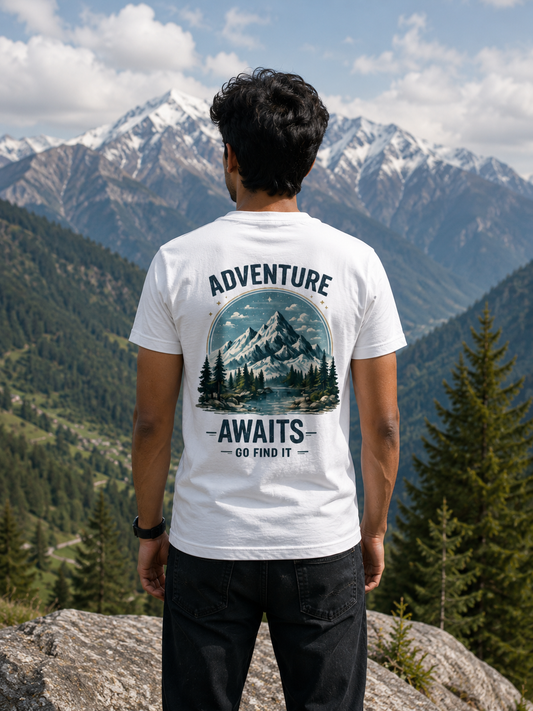 White Adventure Awaits regular fit T-shirt with large mountain landscape graphic print on the back.