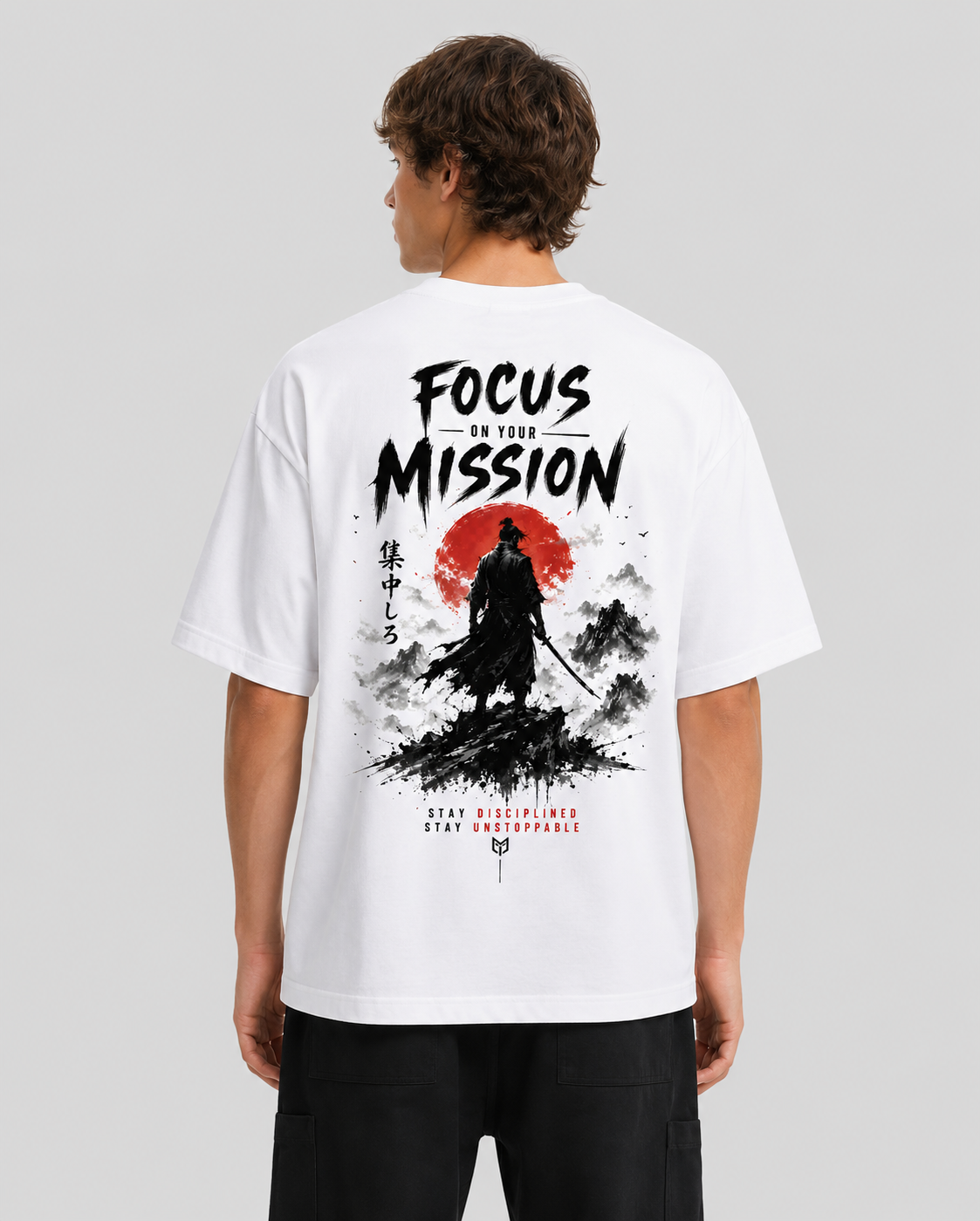 Person wearing a white t-shirt with a graphic design and text on the back.