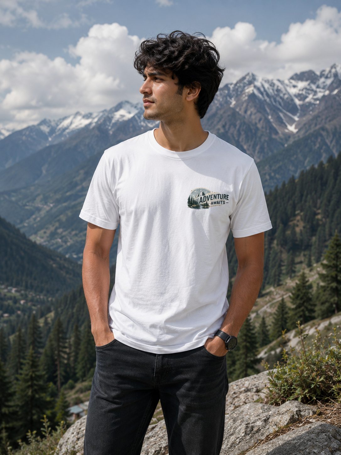 Adventure Awaits premium white regular fit cotton T-shirt by OPSHOPI featuring a minimalist mountain chest print.
