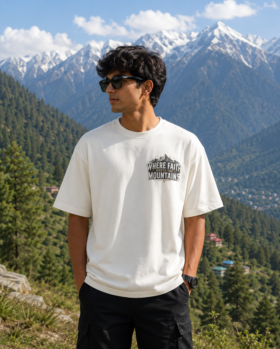 Person wearing a white t-shirt with text standing in front of mountains