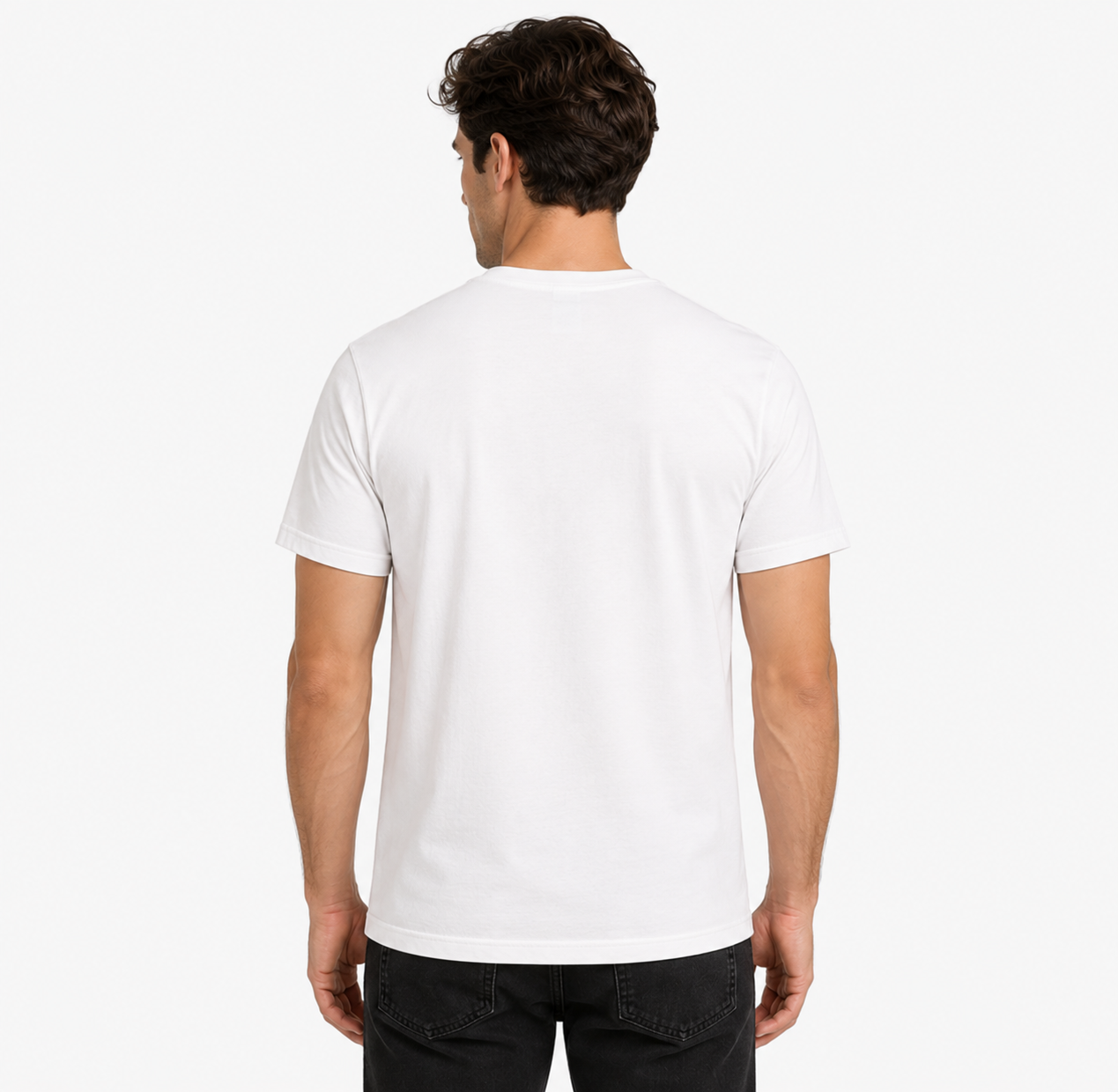 Man wearing a plain white t-shirt on a white background