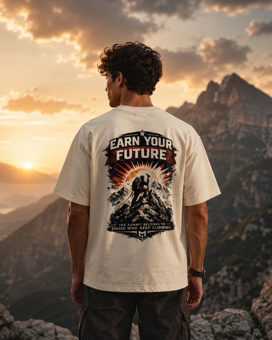 Person wearing a t-shirt with 'Earn Your Future' design in a mountainous landscape at sunset.