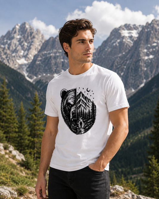 Man wearing a white t-shirt with a bear and forest design in front of mountainous landscape