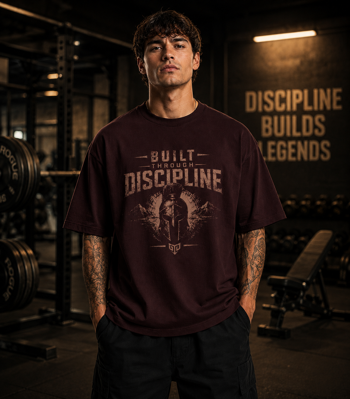 Man wearing a 'Built Through Discipline' t-shirt in a gym setting