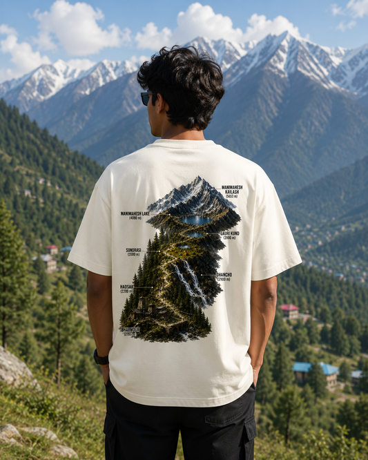 Person wearing a t-shirt with a mountain graphic in a scenic mountainous area