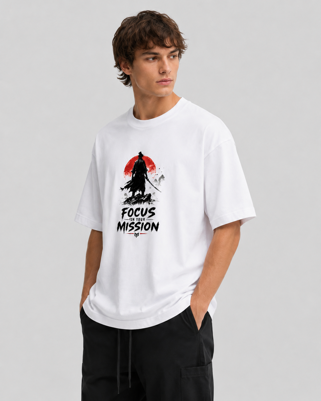 Person wearing a white t-shirt with a graphic design and text on a gray background