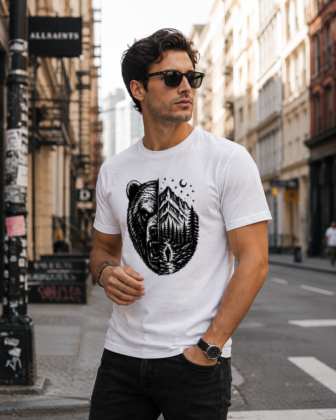 Man wearing a white t-shirt with a black bear graphic on a city street.