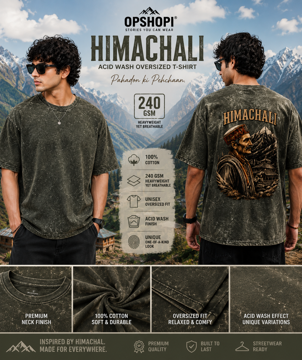 HIMACHALI Acid Washed Oversized T-Shirt | 240 GSM Heavyweight Cotton