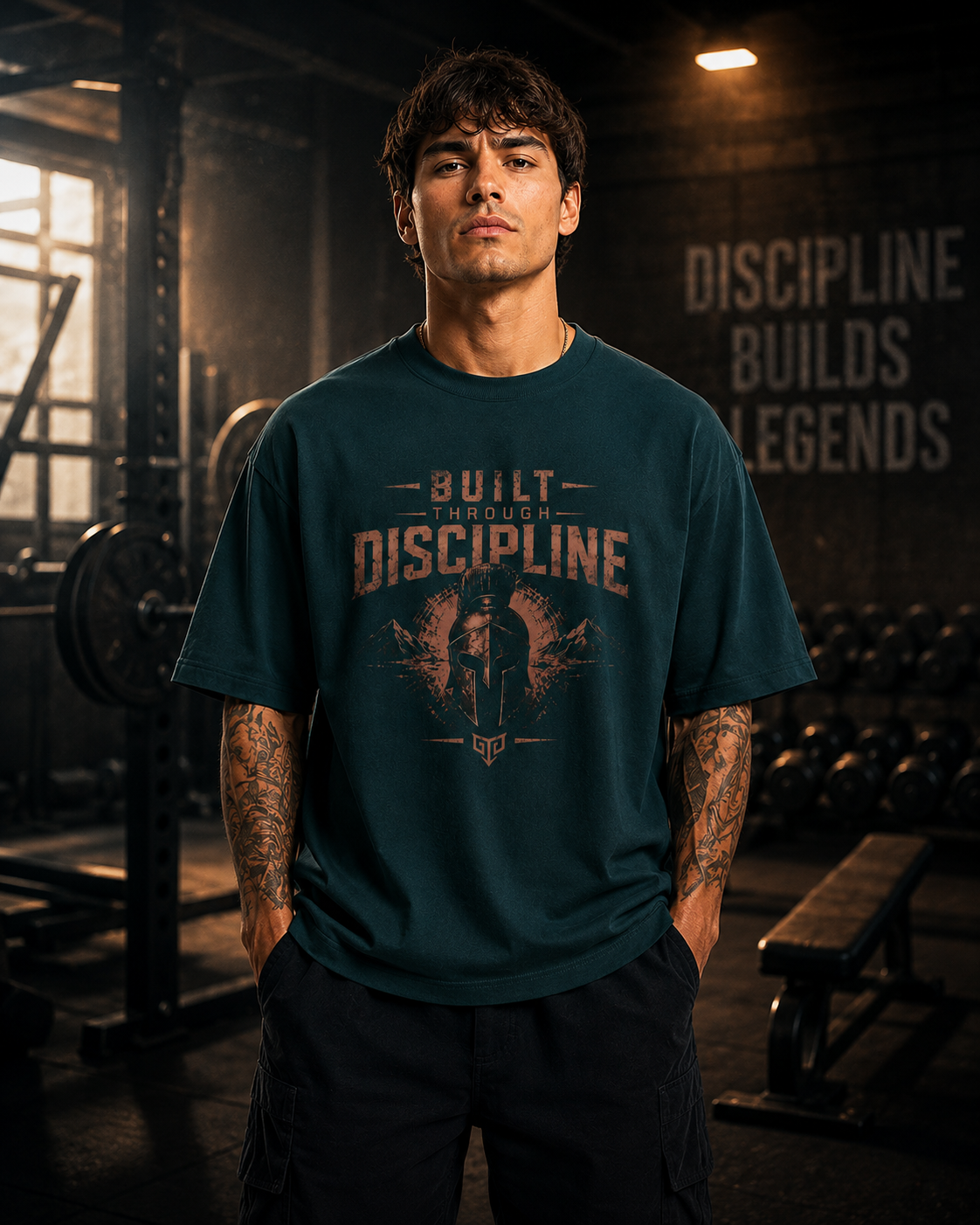 Person wearing a t-shirt with 'Built Without Discipline' text in a gym setting