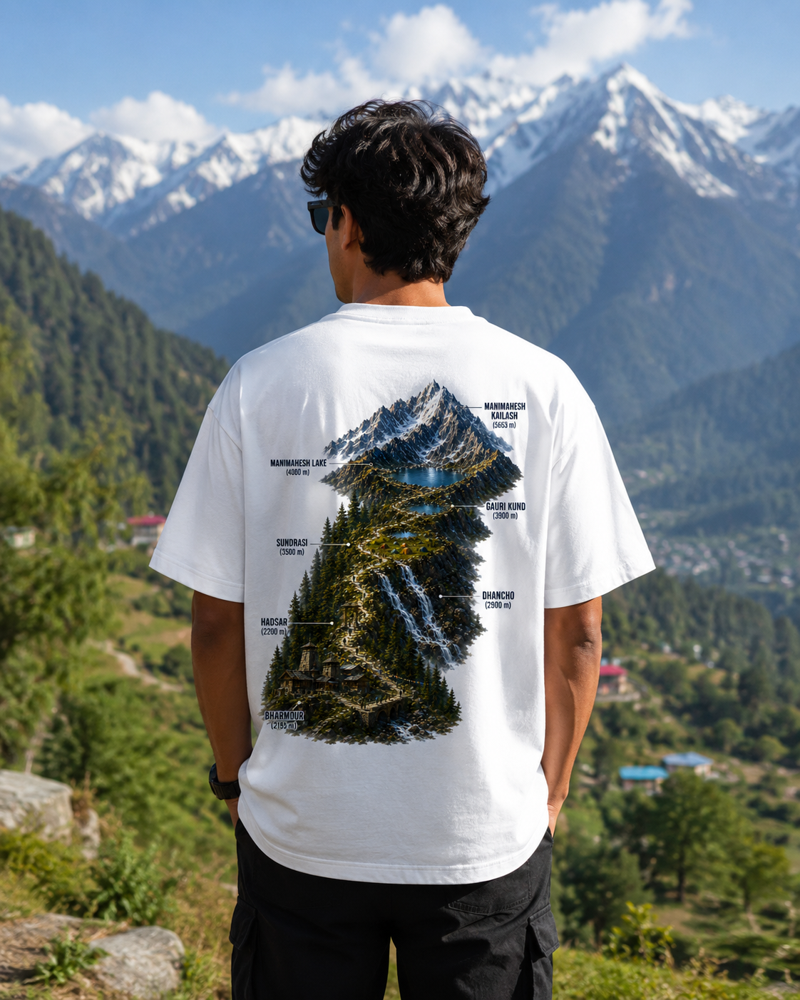 Person wearing a white t-shirt with a mountain graphic in a scenic outdoor setting
