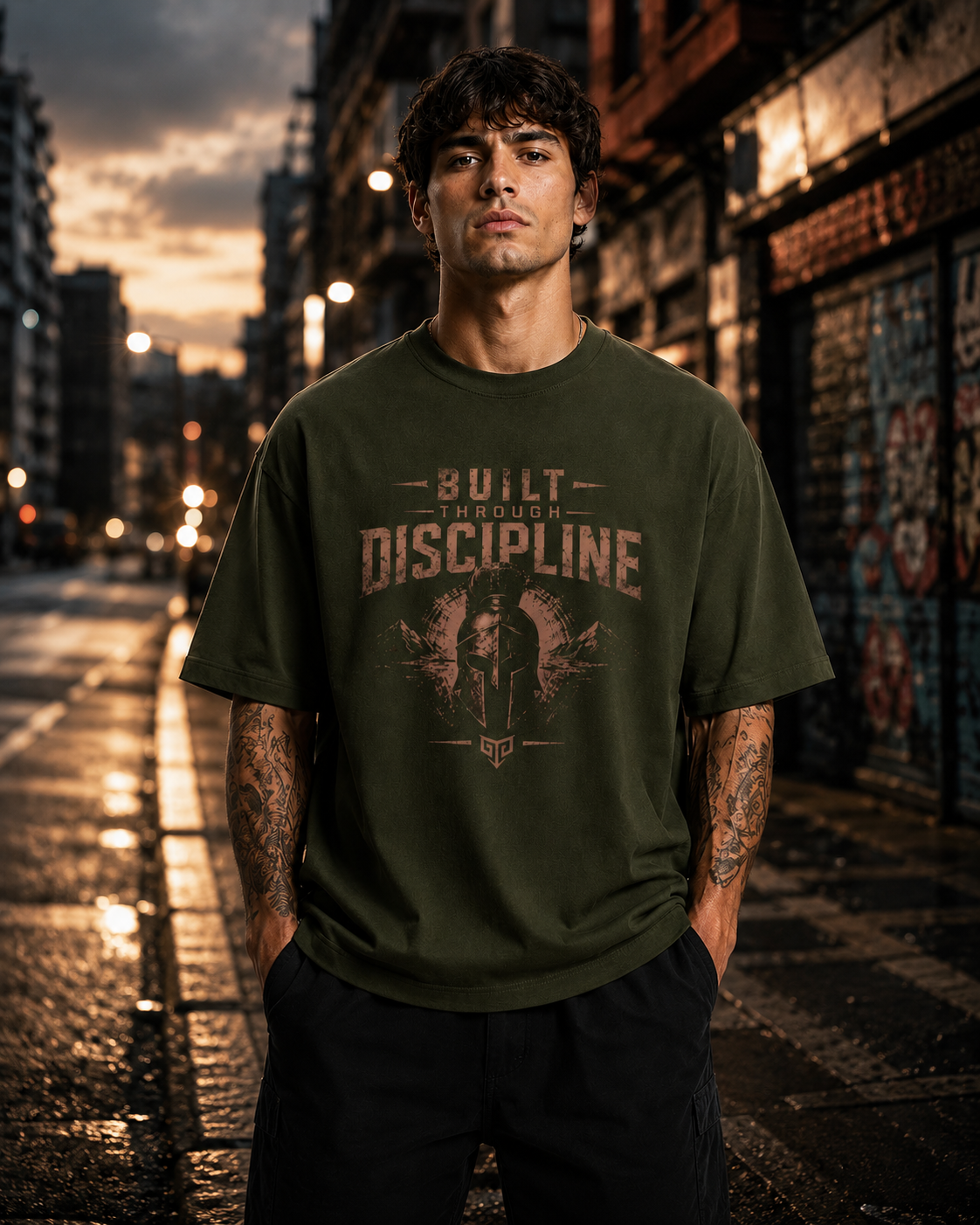 Man wearing a green t-shirt with 'Built with Discipline' text and graphic in an urban setting.