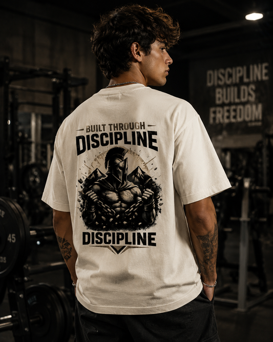 Person wearing a t-shirt with 'Discipline Builds Freedom' text and graphic in a gym setting