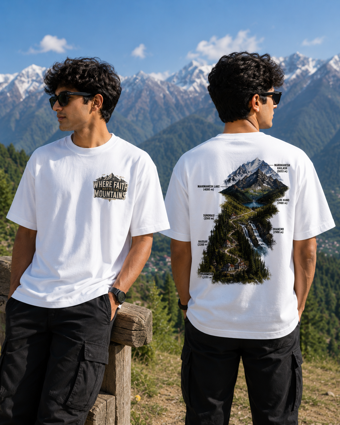 Two people wearing white t-shirts with mountain designs, standing in a scenic location with mountains in the background.