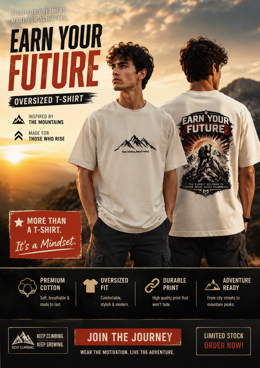 Two people wearing 'Earn Your Future' t-shirts with mountain designs, set against a scenic background.