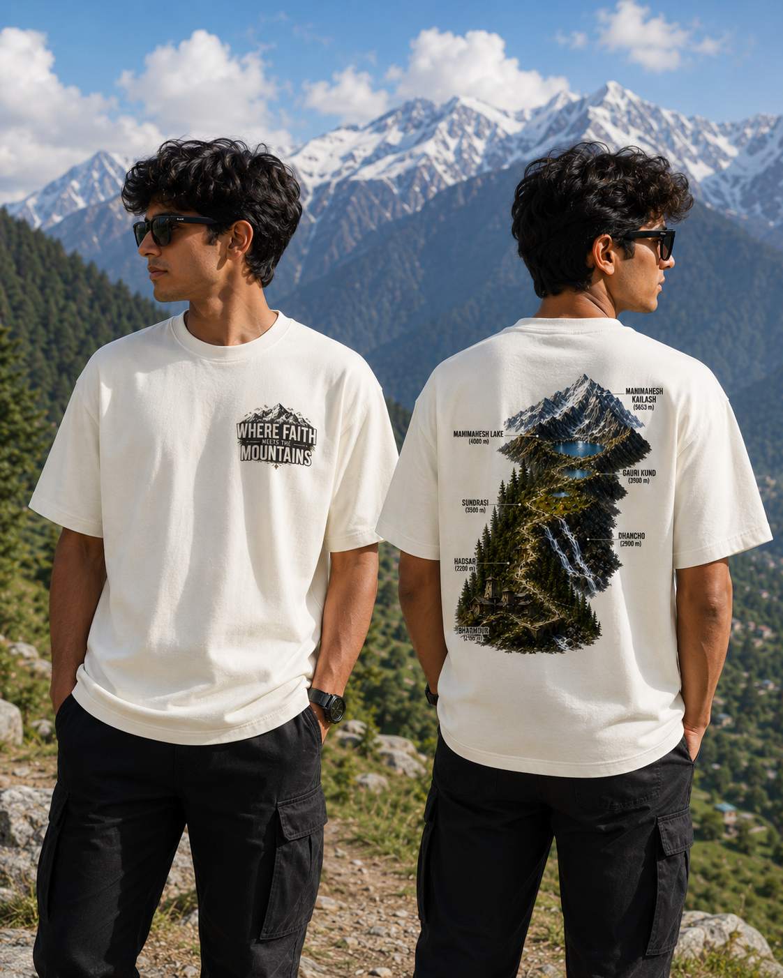 Two people wearing white t-shirts with mountain designs in a mountainous landscape.