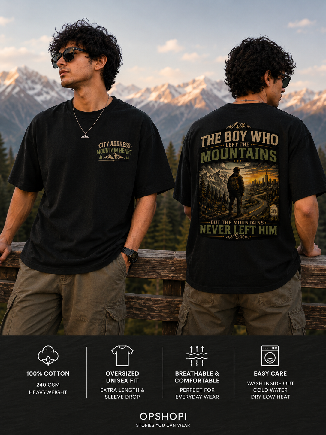 Two people wearing black t-shirts with mountain-themed designs against a mountainous landscape.