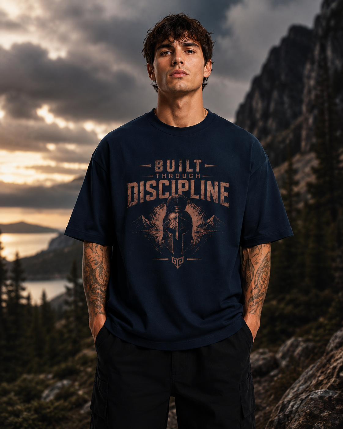 Man wearing a navy blue t-shirt with 'Built Through Discipline' text and graphic in a mountainous landscape.