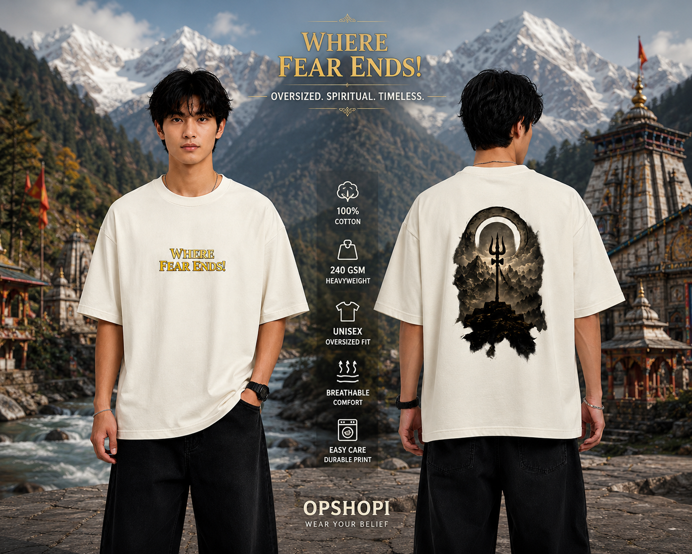 Person wearing a t-shirt with 'Where Fear Ends!' text and mountainous background