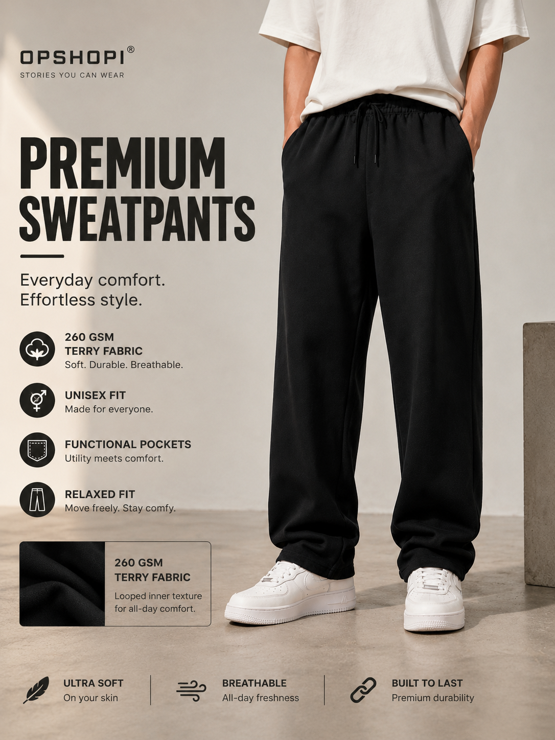 OPSHOPI Premium Unisex Terry Sweatpants – Relaxed Fit | 260 GSM
